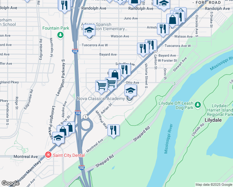 map of restaurants, bars, coffee shops, grocery stores, and more near 1473 Minnesota 5 in Saint Paul
