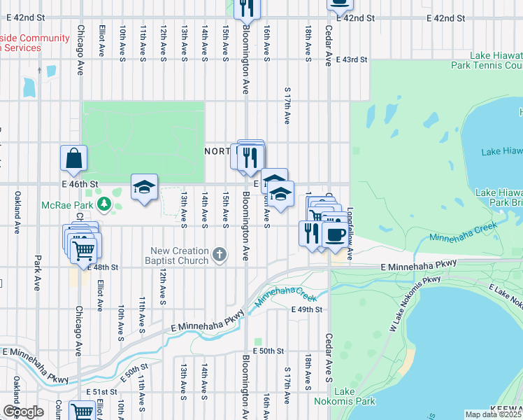 map of restaurants, bars, coffee shops, grocery stores, and more near 4615 Bloomington Avenue in Minneapolis