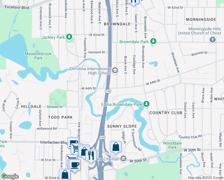 map of restaurants, bars, coffee shops, grocery stores, and more near 4905 West 44th Street in Edina