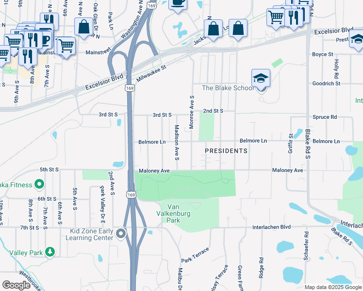 map of restaurants, bars, coffee shops, grocery stores, and more near 320 Madison Avenue South in Hopkins