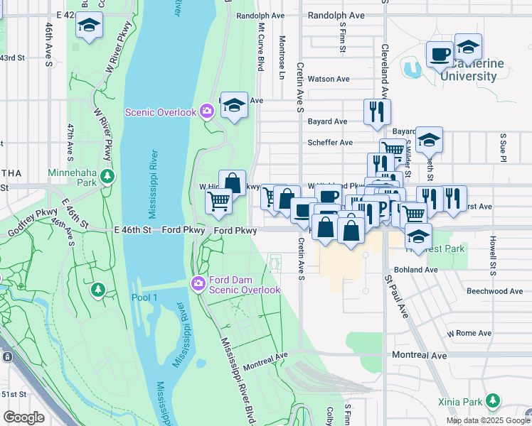 map of restaurants, bars, coffee shops, grocery stores, and more near 746 Mount Curve Boulevard in Saint Paul