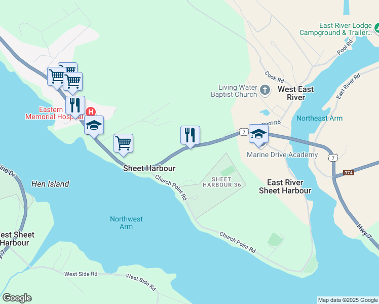 map of restaurants, bars, coffee shops, grocery stores, and more near 22808 Nova Scotia Trunk 7 in Sheet Harbour