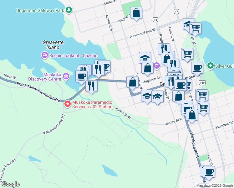 map of restaurants, bars, coffee shops, grocery stores, and more near 485 Hughson Street in Gravenhurst