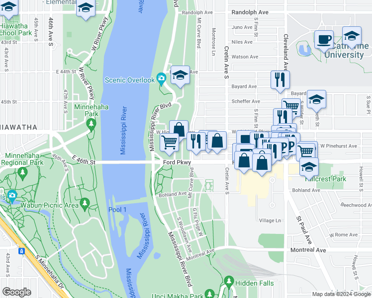 map of restaurants, bars, coffee shops, grocery stores, and more near 2277 Ford Parkway in Saint Paul