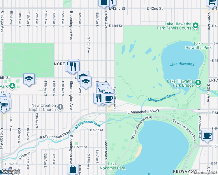 map of restaurants, bars, coffee shops, grocery stores, and more near 4616 Cedar Avenue in Minneapolis