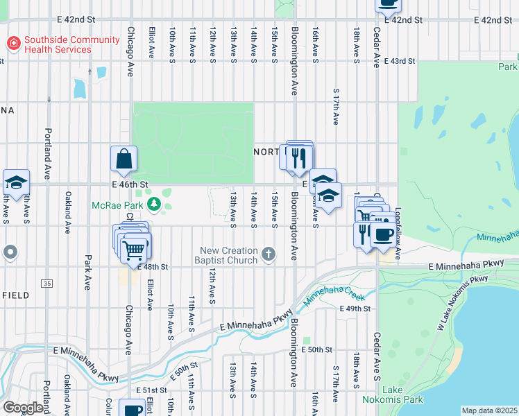 map of restaurants, bars, coffee shops, grocery stores, and more near 4620 14th Avenue South in Minneapolis