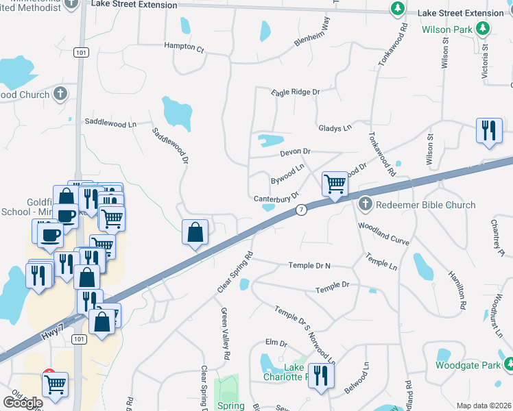 map of restaurants, bars, coffee shops, grocery stores, and more near 16610 Canterbury Drive in Minnetonka