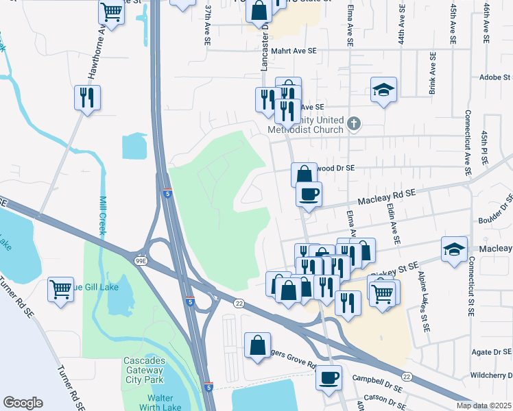 map of restaurants, bars, coffee shops, grocery stores, and more near 3825 Glenwood Loop Southeast in Salem