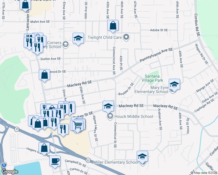 map of restaurants, bars, coffee shops, grocery stores, and more near 4461 Hager Street Southeast in Salem