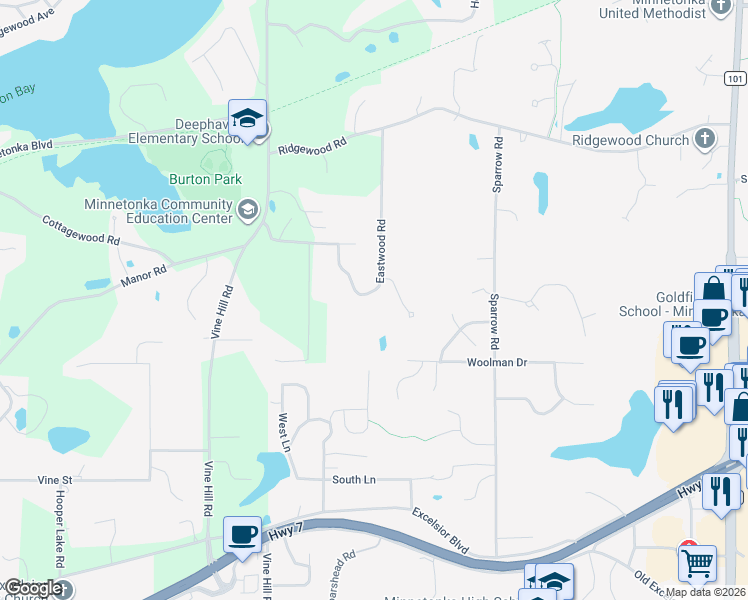 map of restaurants, bars, coffee shops, grocery stores, and more near 4645 Eastwood Road in Minnetonka
