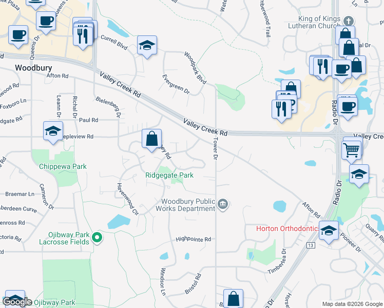 map of restaurants, bars, coffee shops, grocery stores, and more near 7887 Rimbley Road in Woodbury