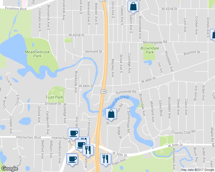 map of restaurants, bars, coffee shops, grocery stores, and more near 4905 West 44th Street in Edina