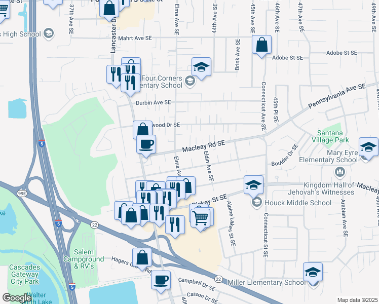map of restaurants, bars, coffee shops, grocery stores, and more near 4250 Macleay Road Southeast in Salem