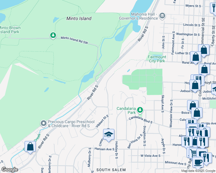 map of restaurants, bars, coffee shops, grocery stores, and more near 2332 Crestview Drive South in Salem