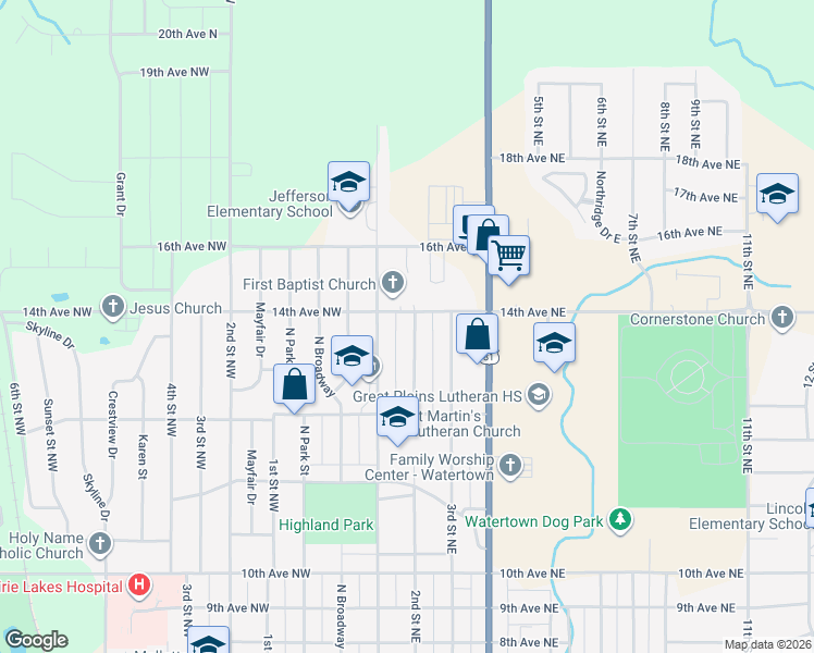 map of restaurants, bars, coffee shops, grocery stores, and more near 1333 2nd Street Northeast in Watertown