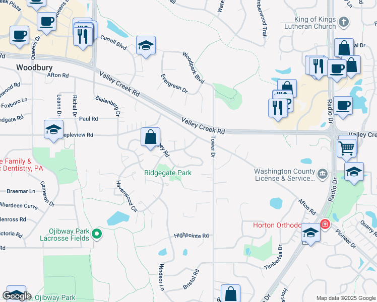 map of restaurants, bars, coffee shops, grocery stores, and more near 7889 Rimbley Road in Woodbury