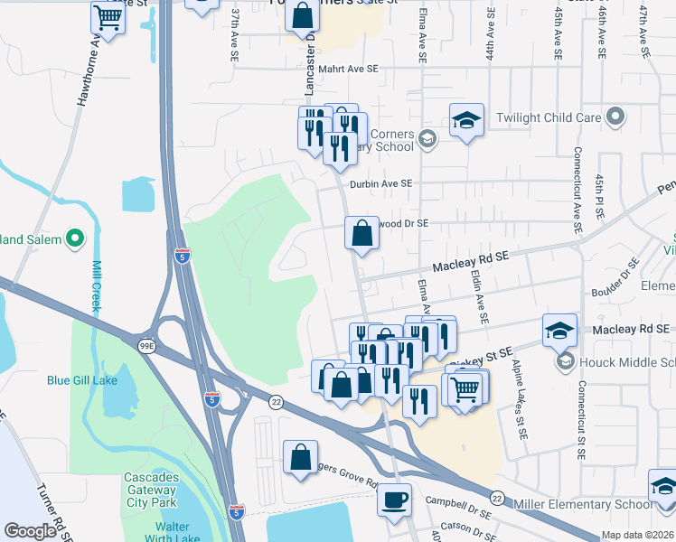 map of restaurants, bars, coffee shops, grocery stores, and more near 766 Meadowlawn Drive Southeast in Salem