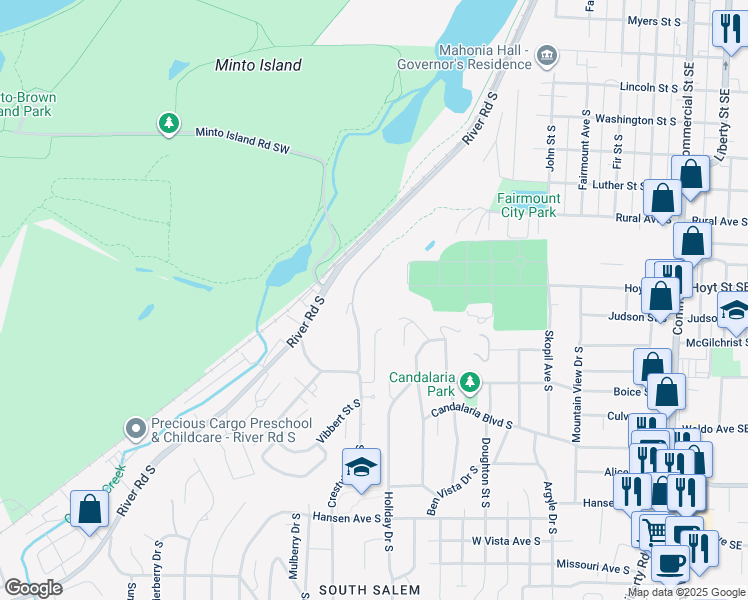 map of restaurants, bars, coffee shops, grocery stores, and more near 2324 Crestview Drive South in Salem