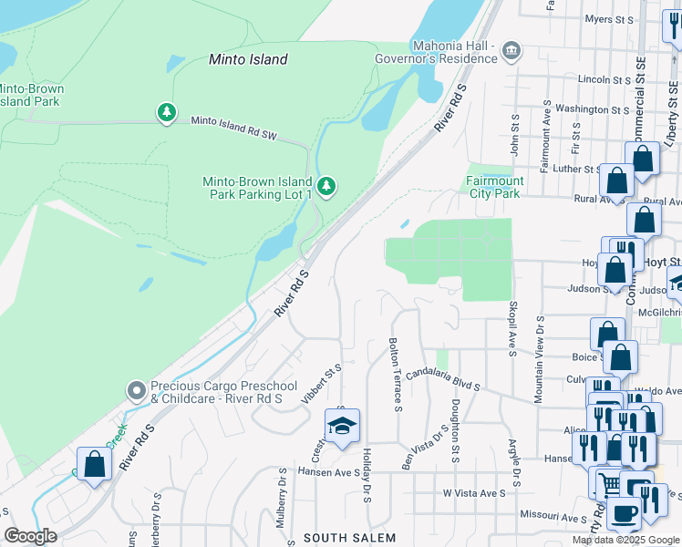 map of restaurants, bars, coffee shops, grocery stores, and more near 2324 Crestview Drive South in Salem