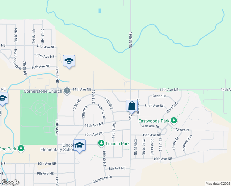 map of restaurants, bars, coffee shops, grocery stores, and more near 1650-1898 14th Ave NE in Watertown