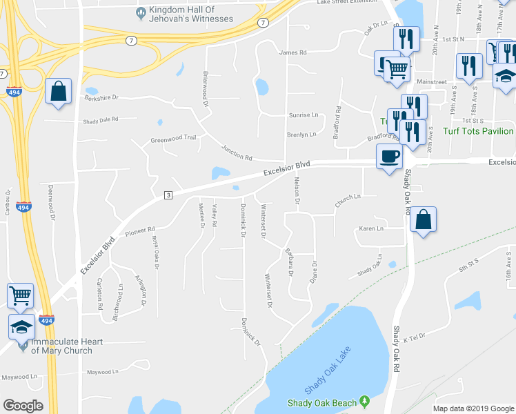 map of restaurants, bars, coffee shops, grocery stores, and more near 4714 Winterset Drive in Hopkins