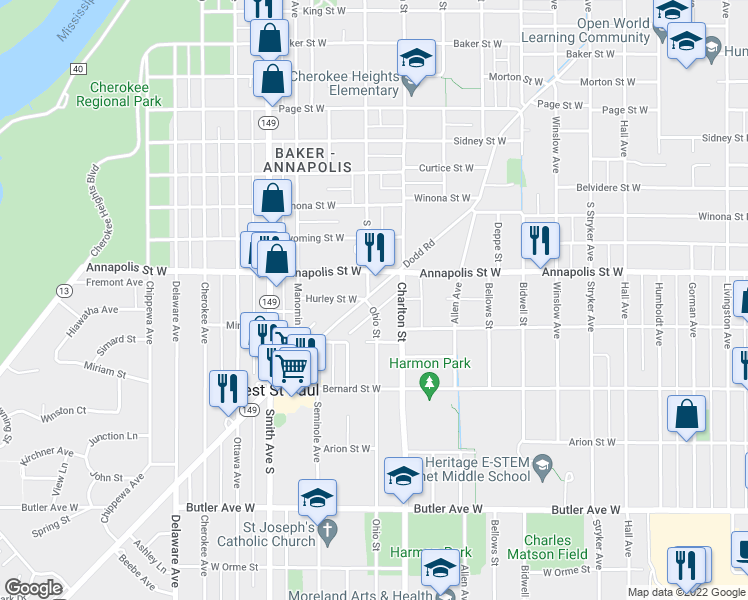 map of restaurants, bars, coffee shops, grocery stores, and more near 902 Dodd Road in Saint Paul