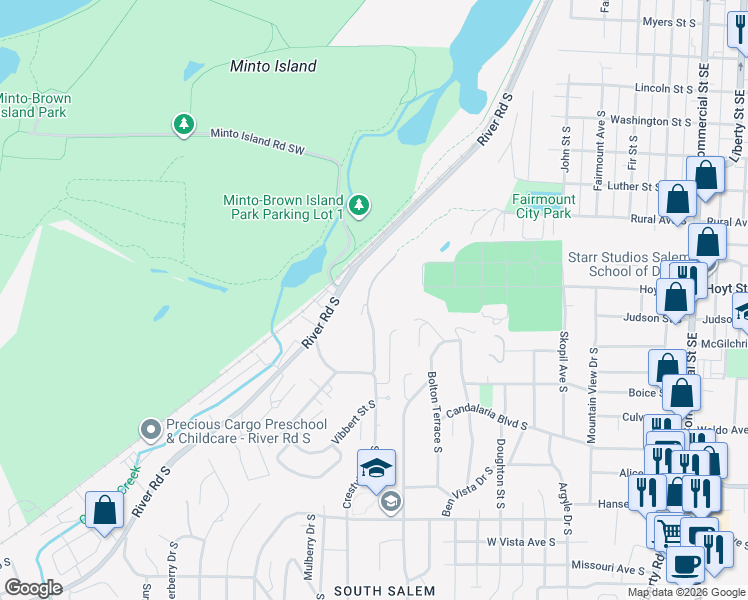 map of restaurants, bars, coffee shops, grocery stores, and more near 2324 Crestview Drive South in Salem