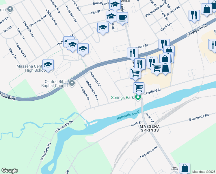 map of restaurants, bars, coffee shops, grocery stores, and more near 249 Prospect Ave in Massena