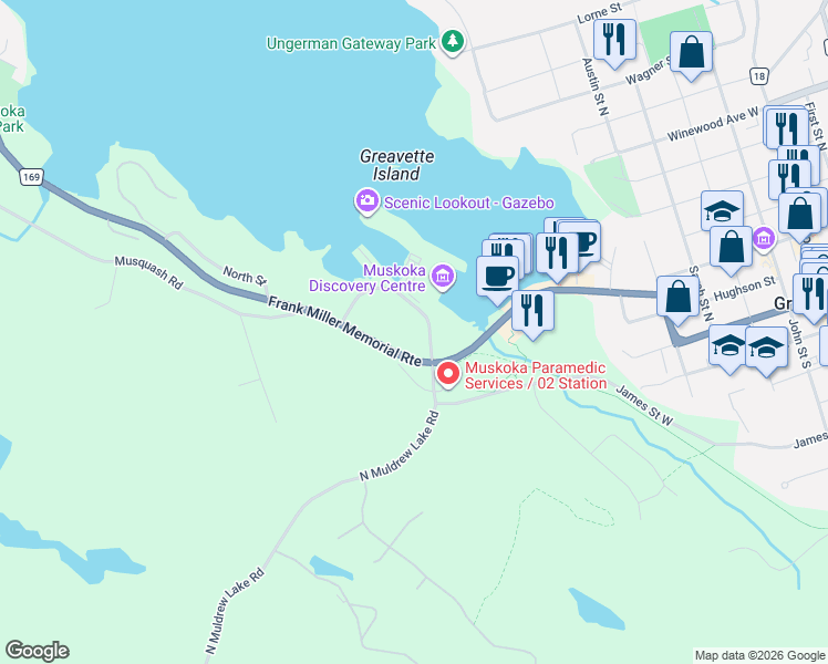 map of restaurants, bars, coffee shops, grocery stores, and more near 110 Steamship Bay Road in Gravenhurst