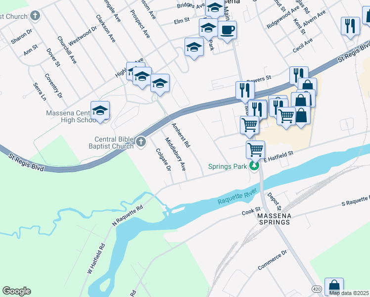 map of restaurants, bars, coffee shops, grocery stores, and more near 23 Amherst Road in Massena