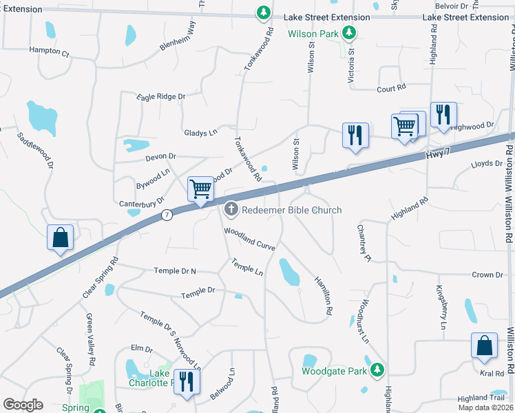 map of restaurants, bars, coffee shops, grocery stores, and more near 4609 Linnea Lane in Minnetonka