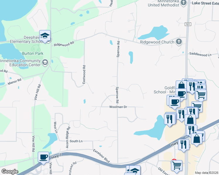 map of restaurants, bars, coffee shops, grocery stores, and more near 18410 Priory Avenue in Minnetonka