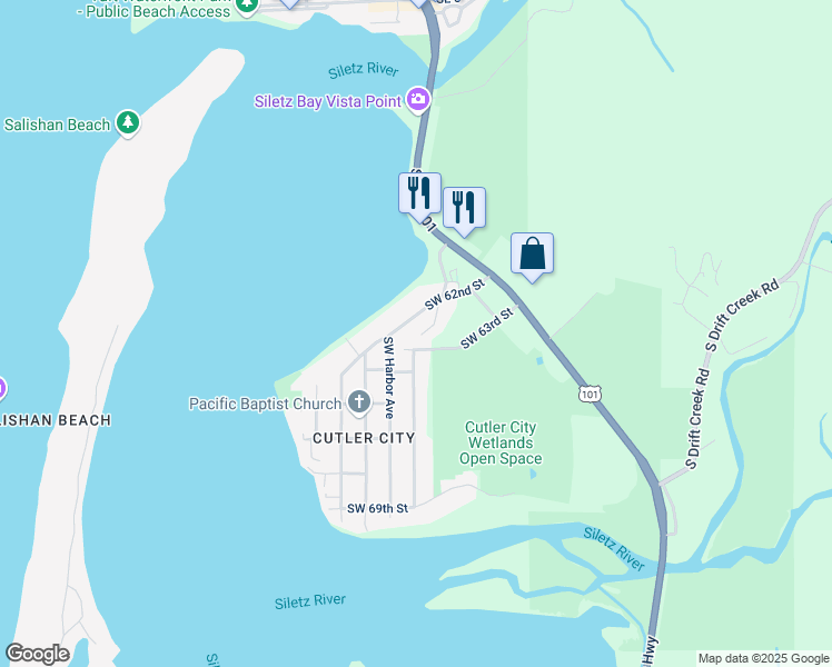 map of restaurants, bars, coffee shops, grocery stores, and more near 6261 Southwest Jetty Avenue in Lincoln City