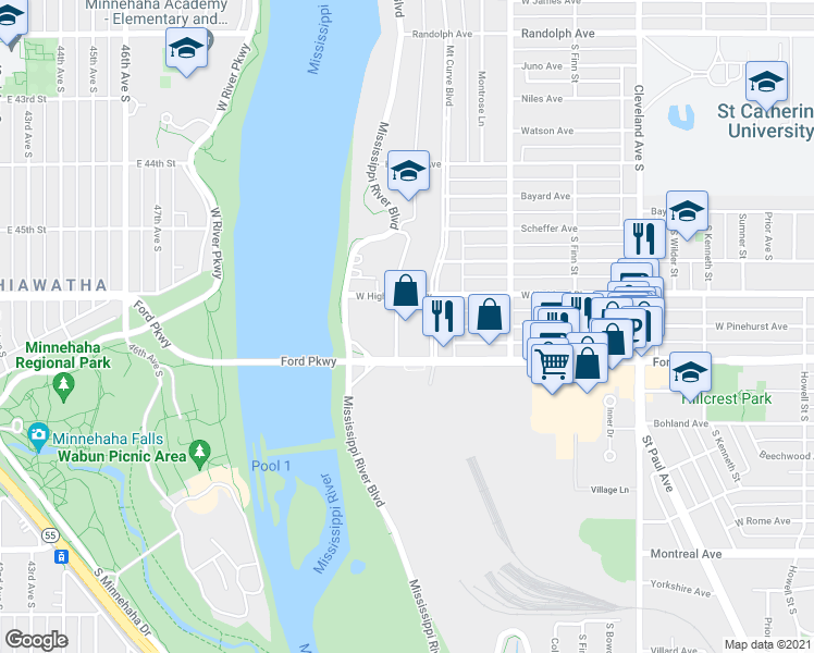 map of restaurants, bars, coffee shops, grocery stores, and more near 2277 Ford Parkway in Saint Paul