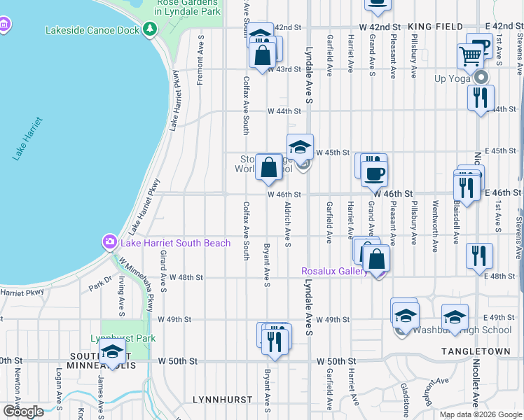 map of restaurants, bars, coffee shops, grocery stores, and more near 4620 Bryant Avenue South in Minneapolis