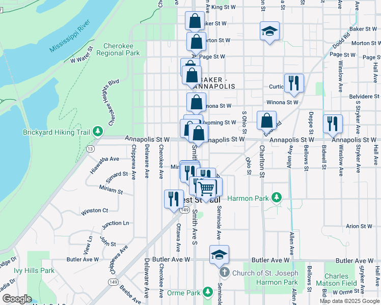 map of restaurants, bars, coffee shops, grocery stores, and more near 897 Minnesota 149 in West Saint Paul