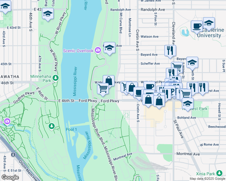 map of restaurants, bars, coffee shops, grocery stores, and more near 2277 Ford Parkway in Saint Paul