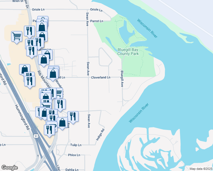 map of restaurants, bars, coffee shops, grocery stores, and more near 226018 Kinglet Circle in Wausau