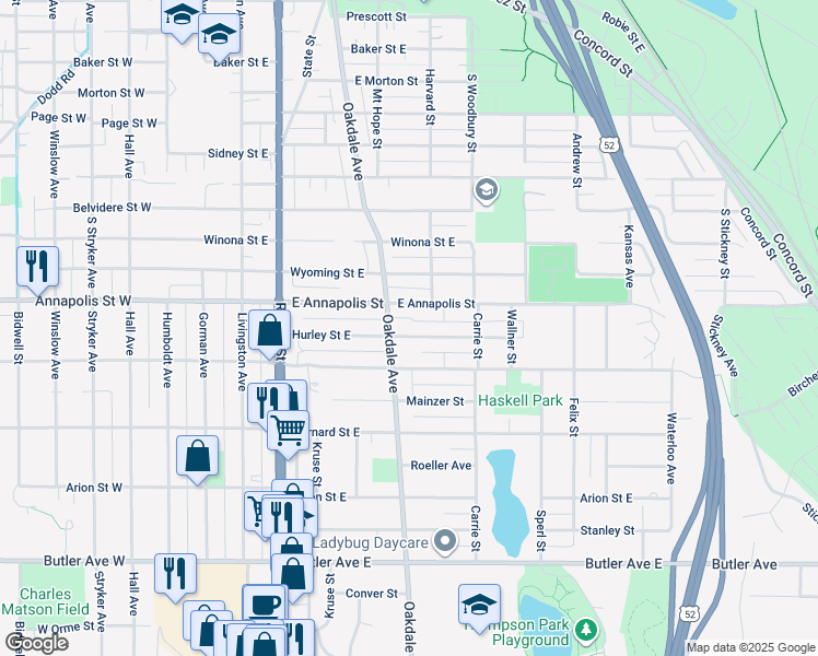map of restaurants, bars, coffee shops, grocery stores, and more near 239 Hurley Street East in Saint Paul