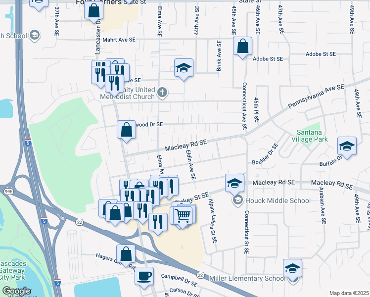 map of restaurants, bars, coffee shops, grocery stores, and more near 835 Eldin Ave SE in Salem