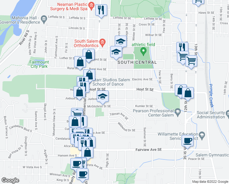 map of restaurants, bars, coffee shops, grocery stores, and more near 590 Hoyt Street Southeast in Salem