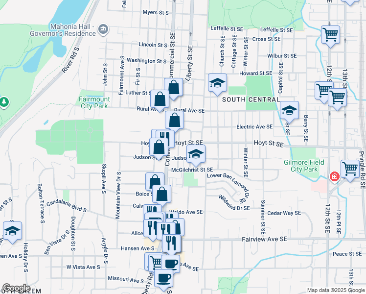 map of restaurants, bars, coffee shops, grocery stores, and more near 340 Hoyt Street Southeast in Salem