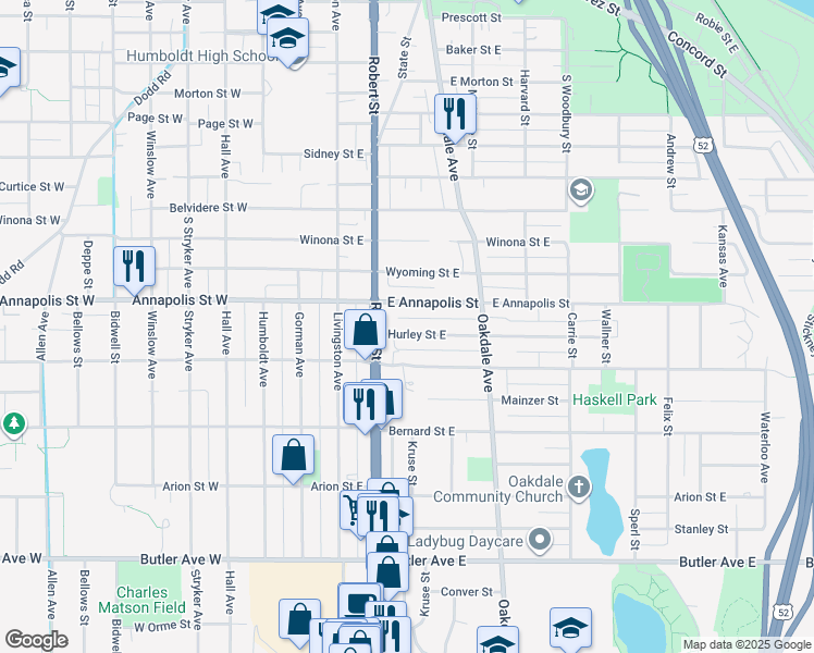map of restaurants, bars, coffee shops, grocery stores, and more near 149 Hurley Street East in Saint Paul