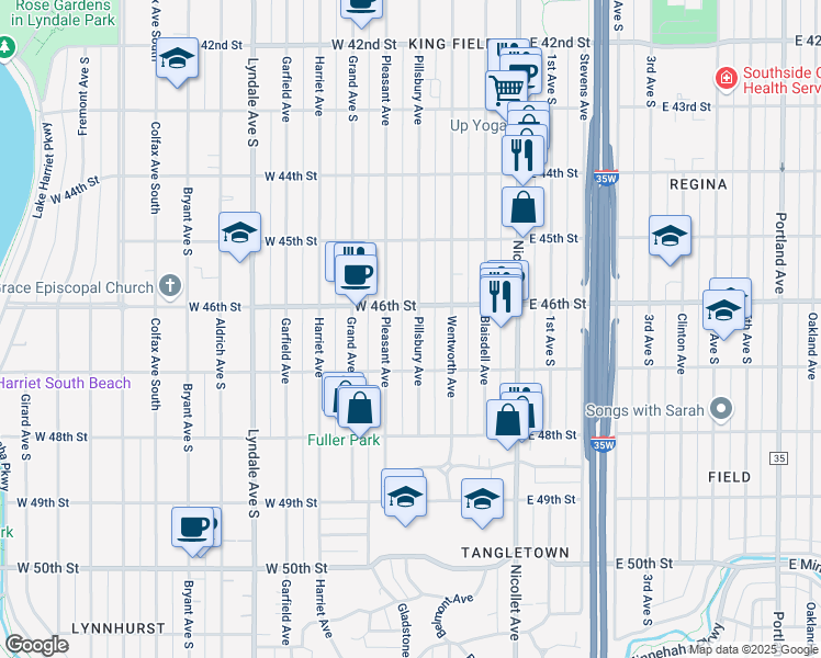 map of restaurants, bars, coffee shops, grocery stores, and more near 4614 Pillsbury Avenue in Minneapolis