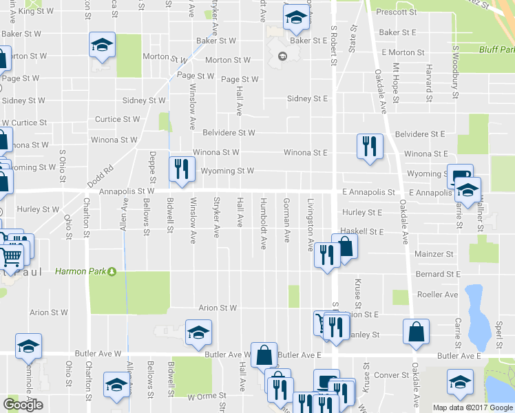 map of restaurants, bars, coffee shops, grocery stores, and more near 905 Humboldt Avenue in Saint Paul