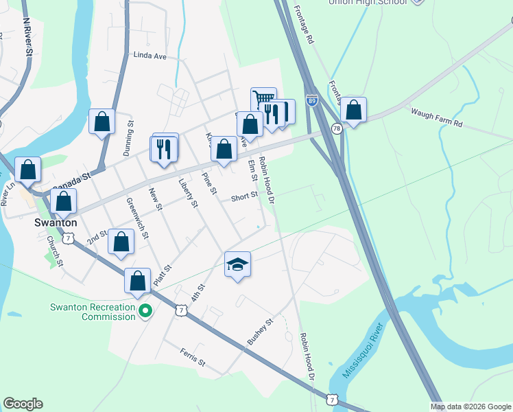 map of restaurants, bars, coffee shops, grocery stores, and more near 18 Elm Street in Swanton