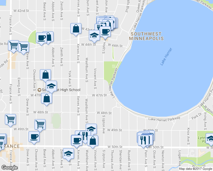 map of restaurants, bars, coffee shops, grocery stores, and more near 4624 West Lake Harriet Parkway in Minneapolis