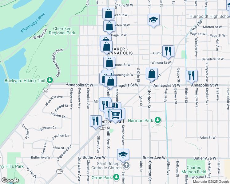 map of restaurants, bars, coffee shops, grocery stores, and more near 361 Hurley Street West in Saint Paul