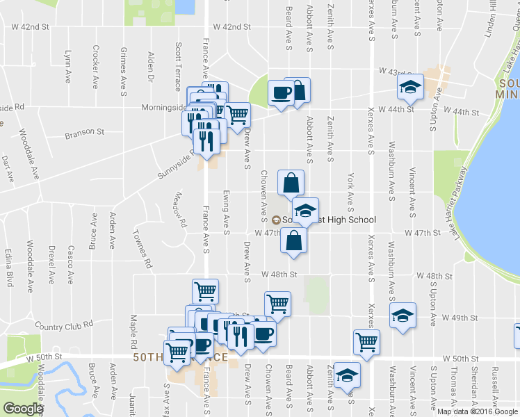 map of restaurants, bars, coffee shops, grocery stores, and more near 4620 Chowen Avenue South in Minneapolis