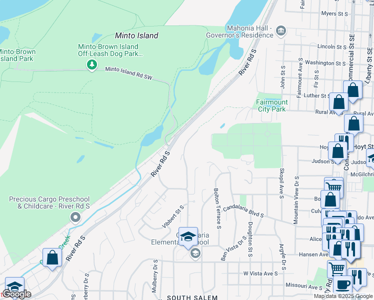 map of restaurants, bars, coffee shops, grocery stores, and more near 2324 Crestview Drive South in Salem